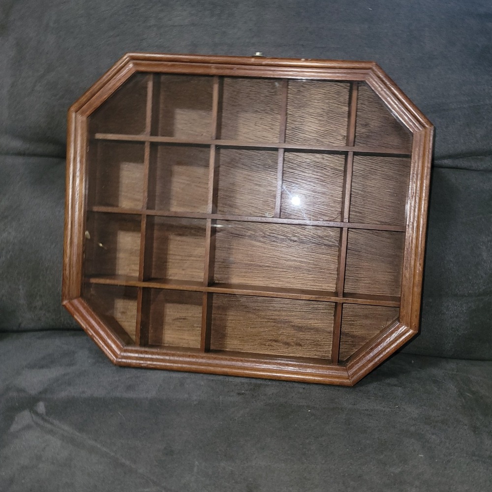 Octagon Wood Shadow Box Display Case, Clear Glass Front Hinged Door, Brown